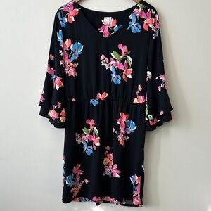 Whimsigoth Bell Sleeve V-neck Floral Black Dress